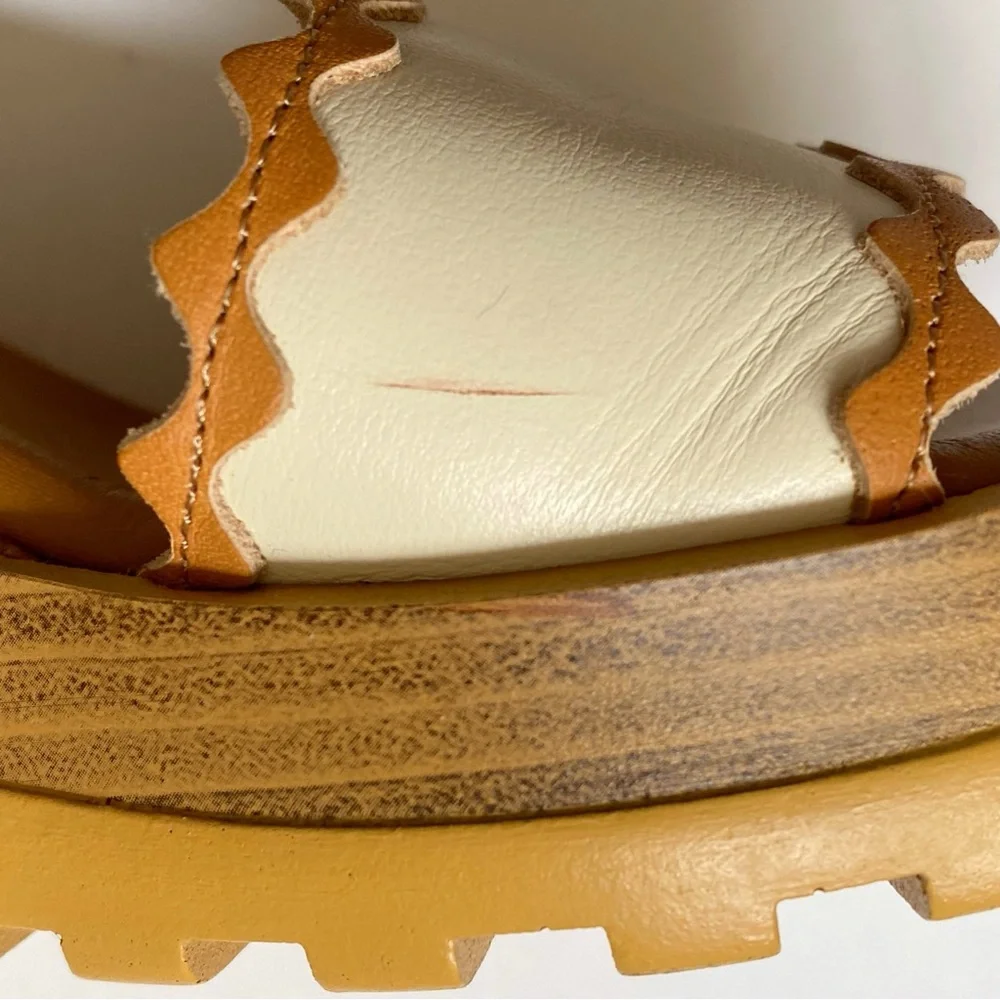SEE BY CHLOE ROBIN BROWN TAN WHITE ANKLE WRAP BICOLOR PLATFORM WEDGE SANDALS - Picture 8 of 14